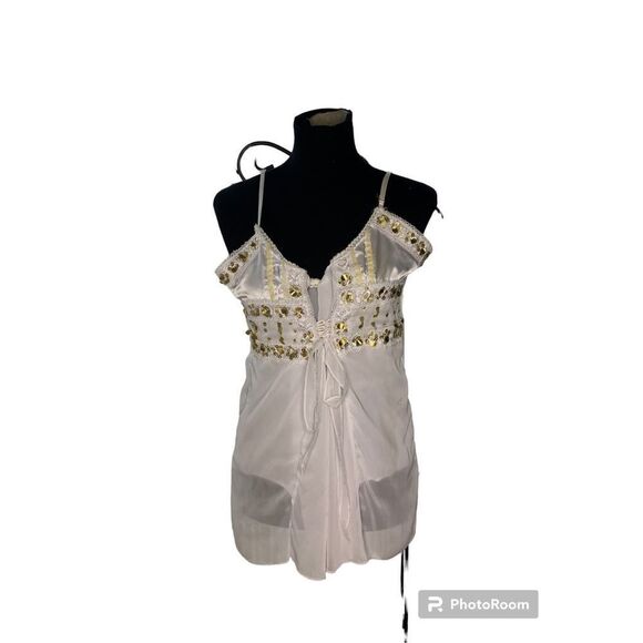 White Camisole Tank Top Sleeveless Top (OS) by MAPSI, Womens with Gold Sequin Pa - Picture 2 of 11